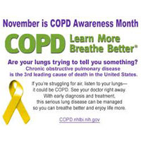 November is COPD Awareness Month; COPD - Learn More Breathe Better; Are Your Lungs Trying to Tell You Something? Chronic Obstructive Pulmonary Disease is the 3rd Leading Cause of Death in the United States. If You're Struggling For Air, Listen to Your Lungs - It Could Be COPD. See Your Doctor Right Away. With Early Diagnosis and Treatment, This Serious Lung Disease Can Be Managed So You Can Breathe Better and Enjoy Life More